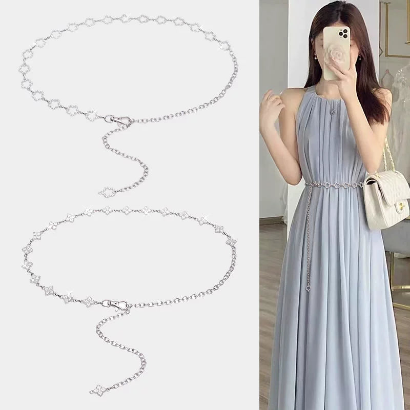 Belt Women's Rhinestone Ornament Chain Waist Chain Accessories with Skirt Dress Waist-Tight Summer Thin and Simple Silver Fancy