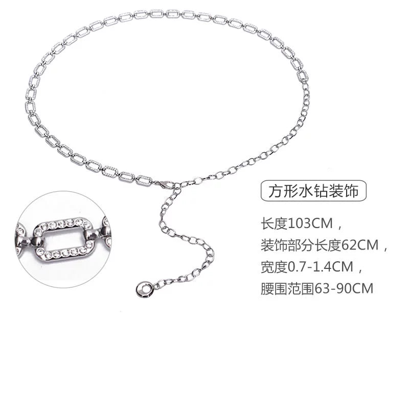 Belt Women's Rhinestone Ornament Chain Waist Chain Accessories with Skirt Dress Waist-Tight Summer Thin and Simple Silver Fancy