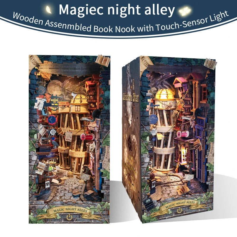 NEW Retro DIY Wooden Book Nook Shelf Insert Miniature Kits Magic Night Alley Bookshelf Home Decoration For Adult Handmade Gifts
