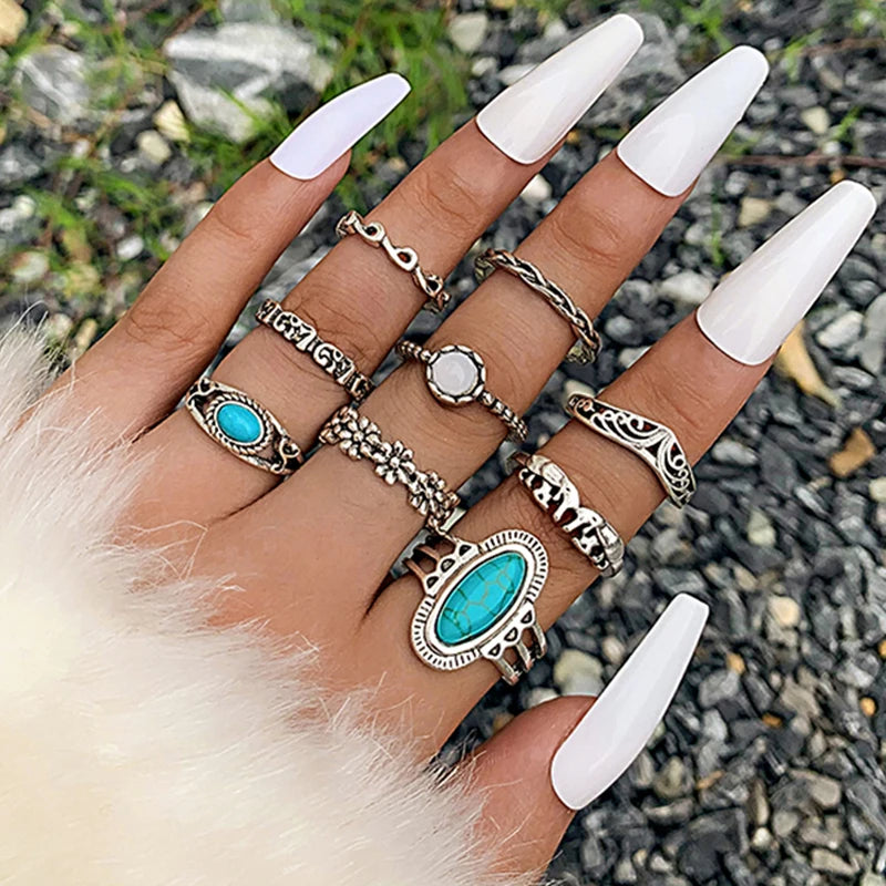 Tocona Vintage Antique Green Stone Joint Ring Set for Women Men Clear Crystal Party Bohemian Jewelry Accessories Anillo 6225