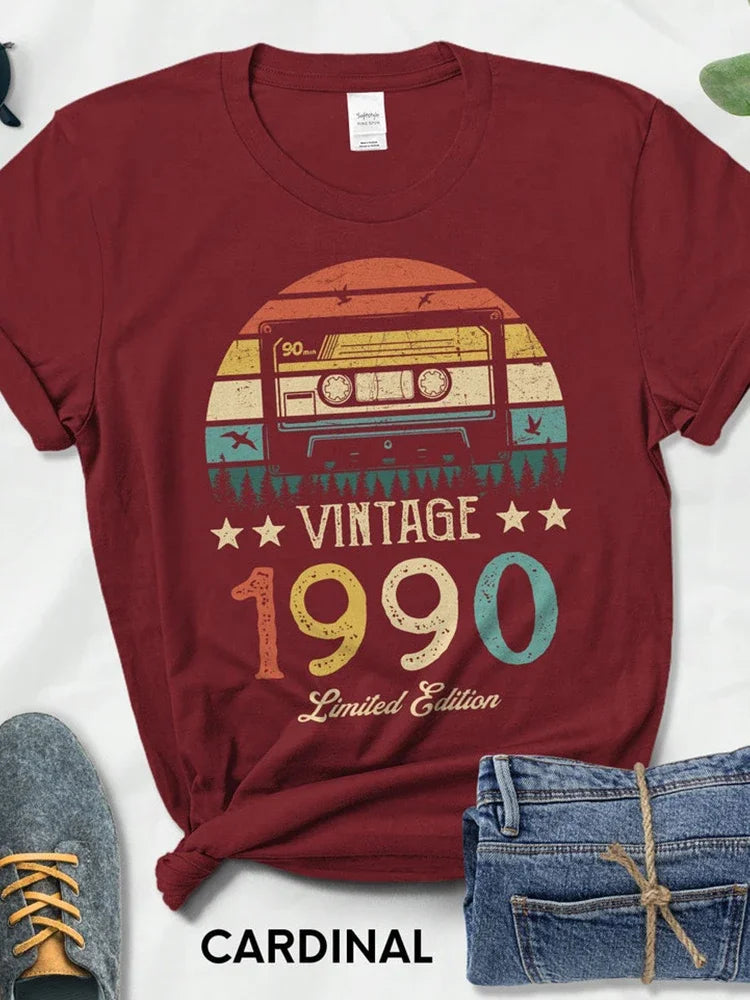 Vintage 1990 Limited Edition Cassette Women T Shirt 34rd 34 Years Old Birthday Fashion Tshirt Mother Wife Idea Classic Top Tee