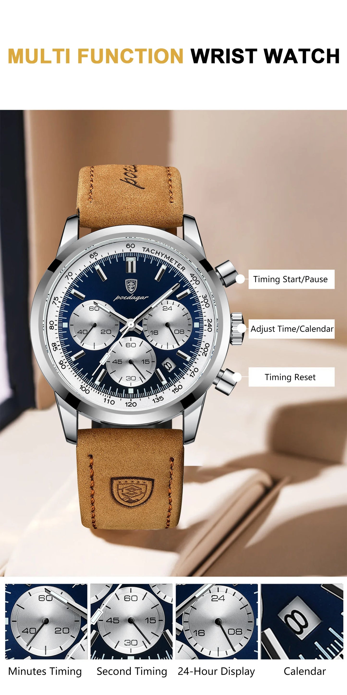 POEDAGAR High Quality Luxury Men Watch Military Waterproof Luminous Chronograph Date Man Wristwatch Leather Quartz Men's Watches