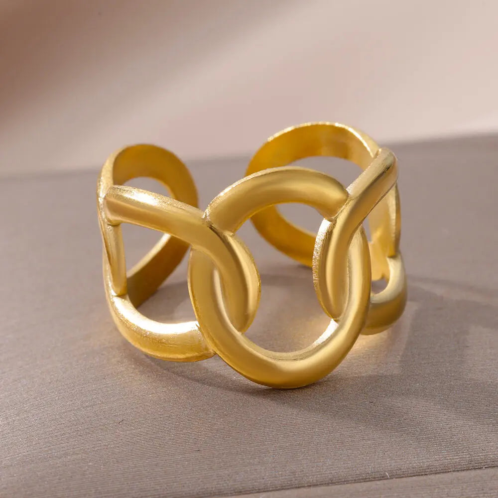 Stainless Steel Rings for Women Gold Color Couple Jewelry Aesthetic Accessorie Adjustable Punk Embossed Hollow Wide Ring