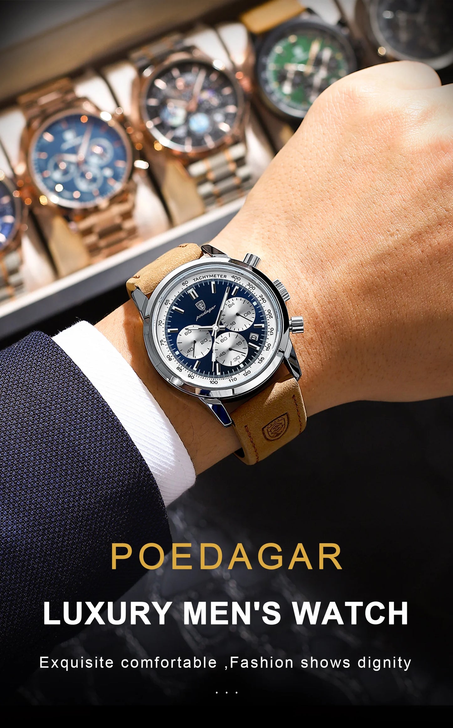 POEDAGAR High Quality Luxury Men Watch Military Waterproof Luminous Chronograph Date Man Wristwatch Leather Quartz Men's Watches