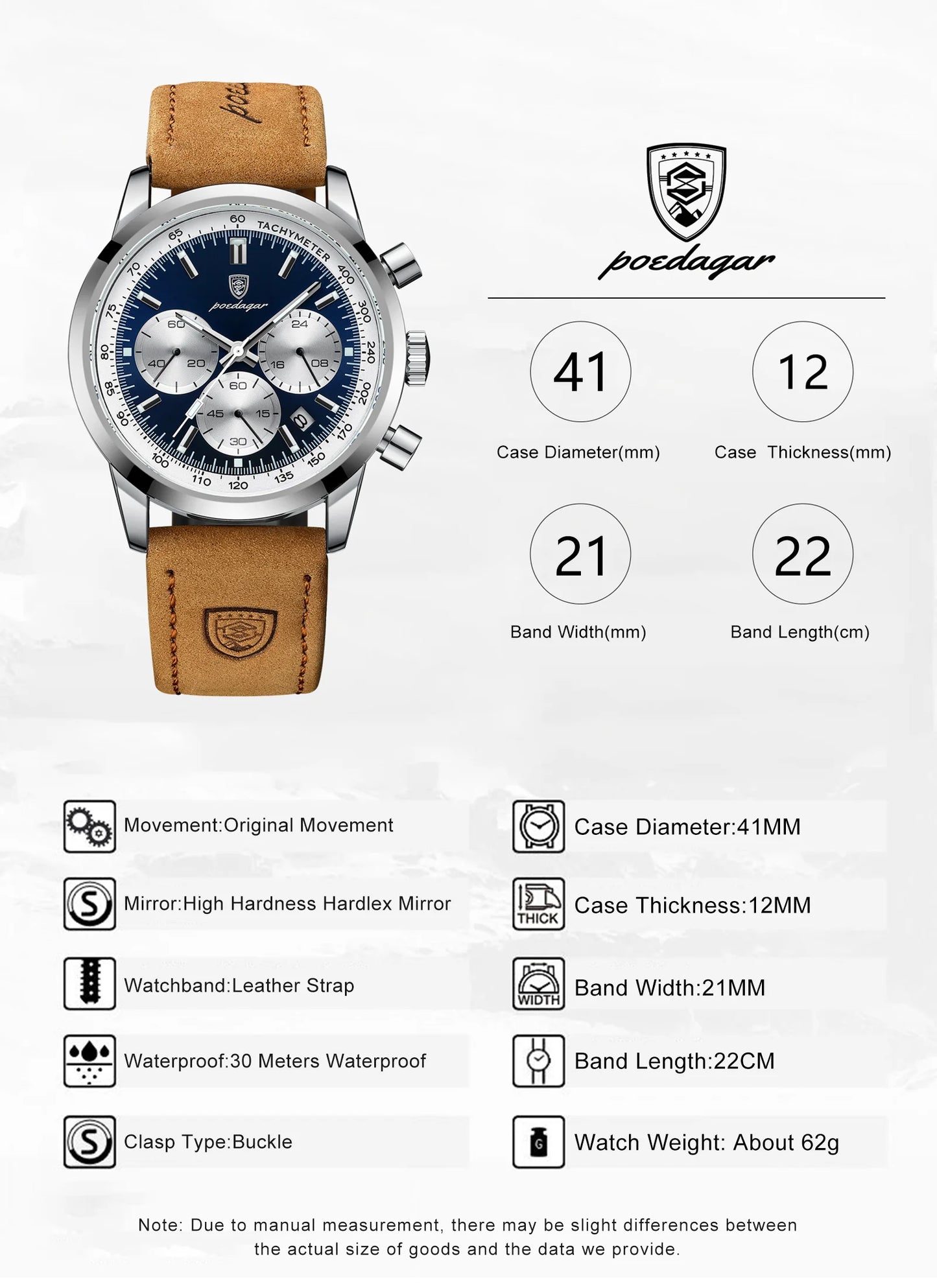 POEDAGAR High Quality Luxury Men Watch Military Waterproof Luminous Chronograph Date Man Wristwatch Leather Quartz Men's Watches