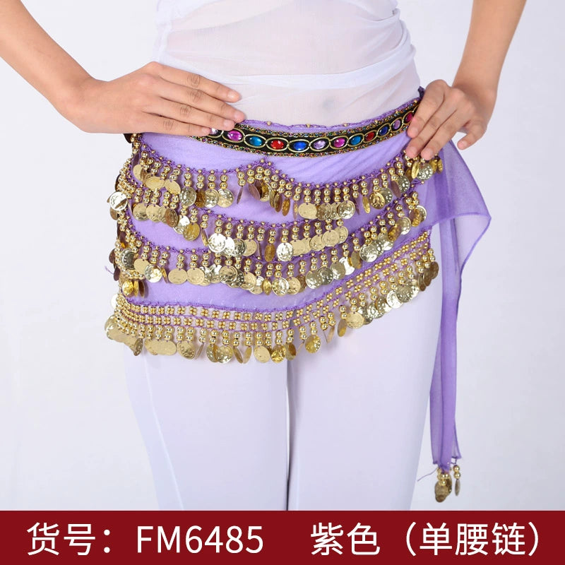Feimei Belly Dance Waist Chain Hip Scarf Dance Girdle Sparkly Linin Gold Waist Chain Belly Dance Costume Waist Scarf Women