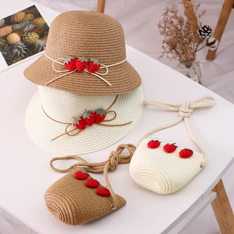 Kids baby outdoor cartoon hat and Shoulder bags Summer child girl holiday casual beach Strawberry straw hat Sun cap