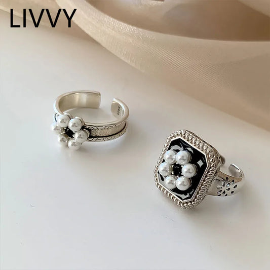 LIVVY Silver Color Opening Ring For Women Wedding Couple New Vintage Creative Pearl Party Jewelry Accessories 2021 Trend