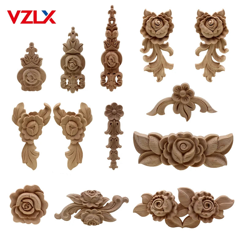 VZLX New Flower Wood Carving Natural Wood Appliques for Furniture Cabinet Unpainted Wooden Mouldings Decal Decorative Figurine