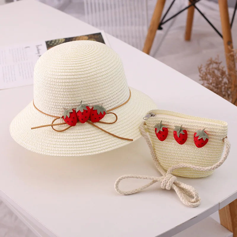 Kids baby outdoor cartoon hat and Shoulder bags Summer child girl holiday casual beach Strawberry straw hat Sun cap