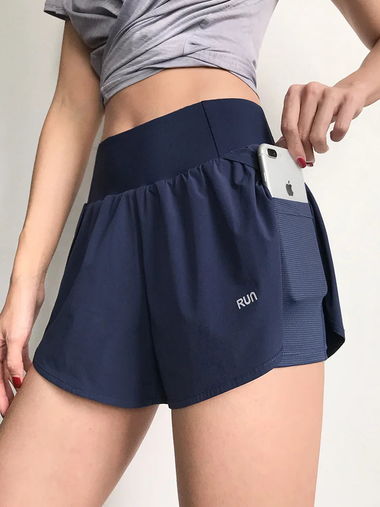 Double Layer High Waist Pocket Yoga Pants Street Wear Casual Pants Summer Ladies Loose Running Sports Shorts Gym Fitness Shorts