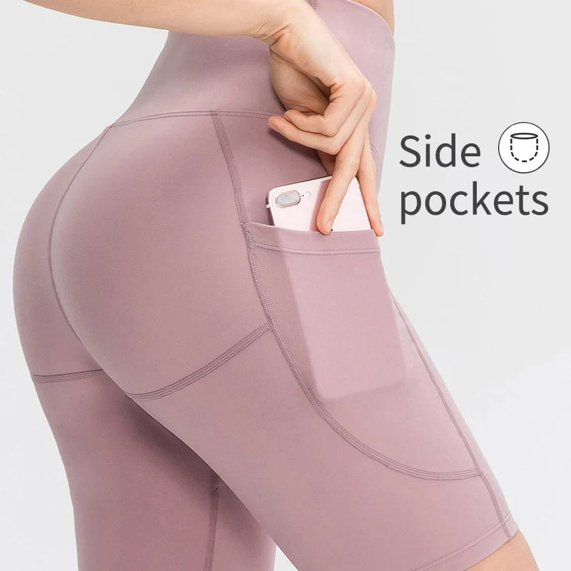 Women Gym shorts High Waist  Seamless Yoga Shorts With Pocket Cycling Sports Leggings Running Workout Fitness Short Pant