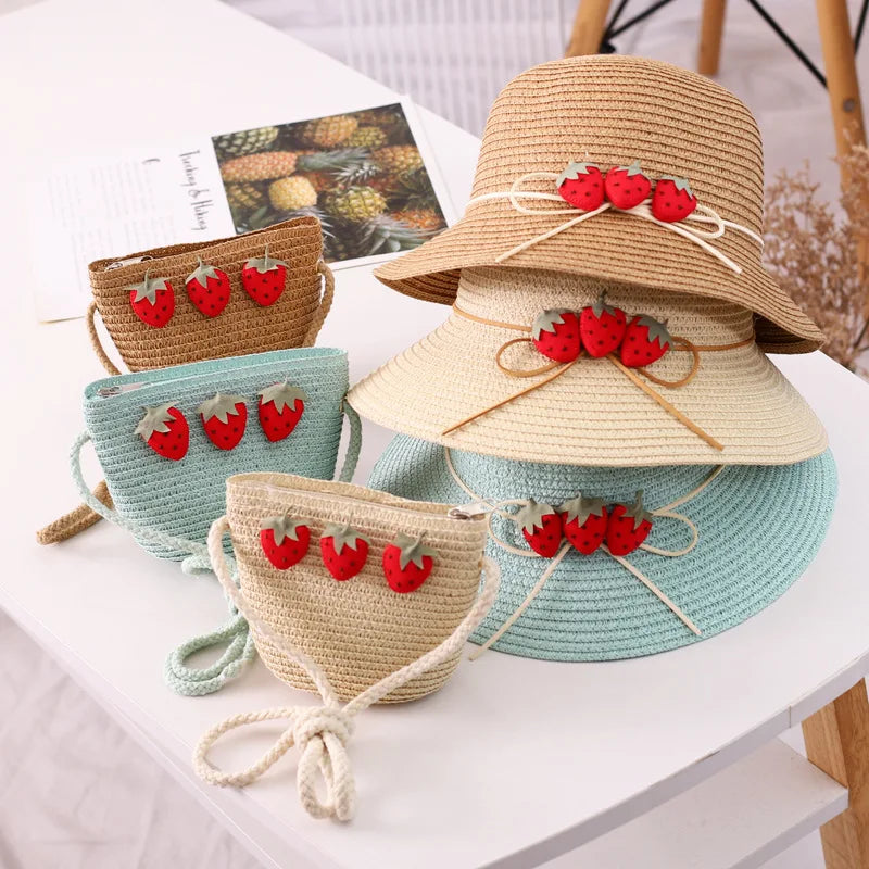 Kids baby outdoor cartoon hat and Shoulder bags Summer child girl holiday casual beach Strawberry straw hat Sun cap