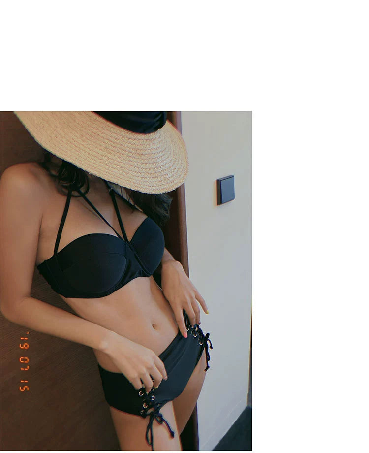 Swimsuit Women's Separates Bikini Steel Bracket Gathered Chest Cover Your Belly with High Waist Ins Lace-up Sexy Beach Hot Spring Swimsuit