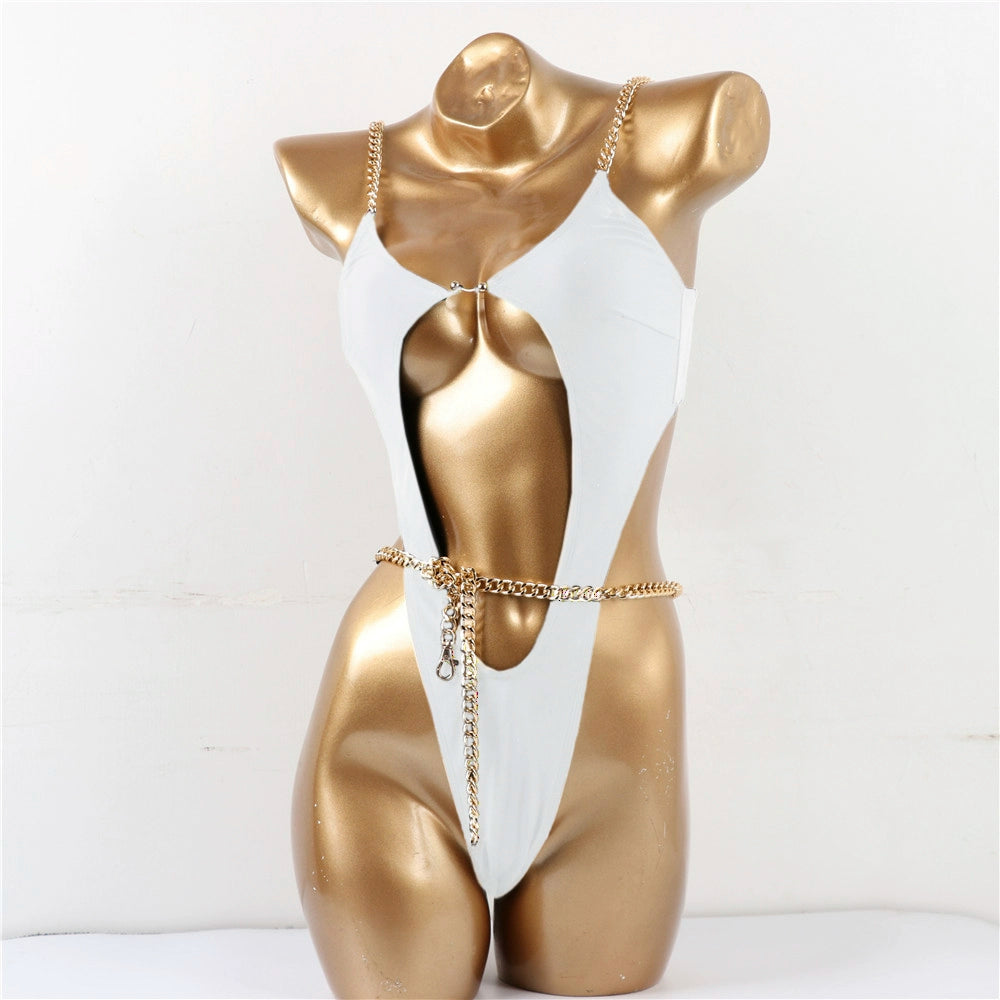 New Fashion New Arrival Bikini with Chest Pad Push up Pure Color Chain Waist Women's Beach Sexy One-Piece Bikini
