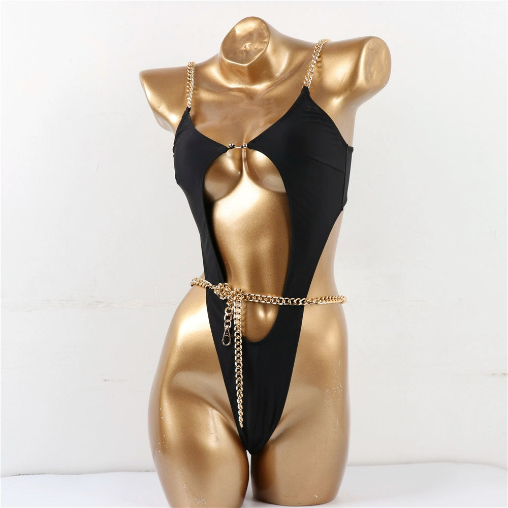 New Fashion New Arrival Bikini with Chest Pad Push up Pure Color Chain Waist Women's Beach Sexy One-Piece Bikini