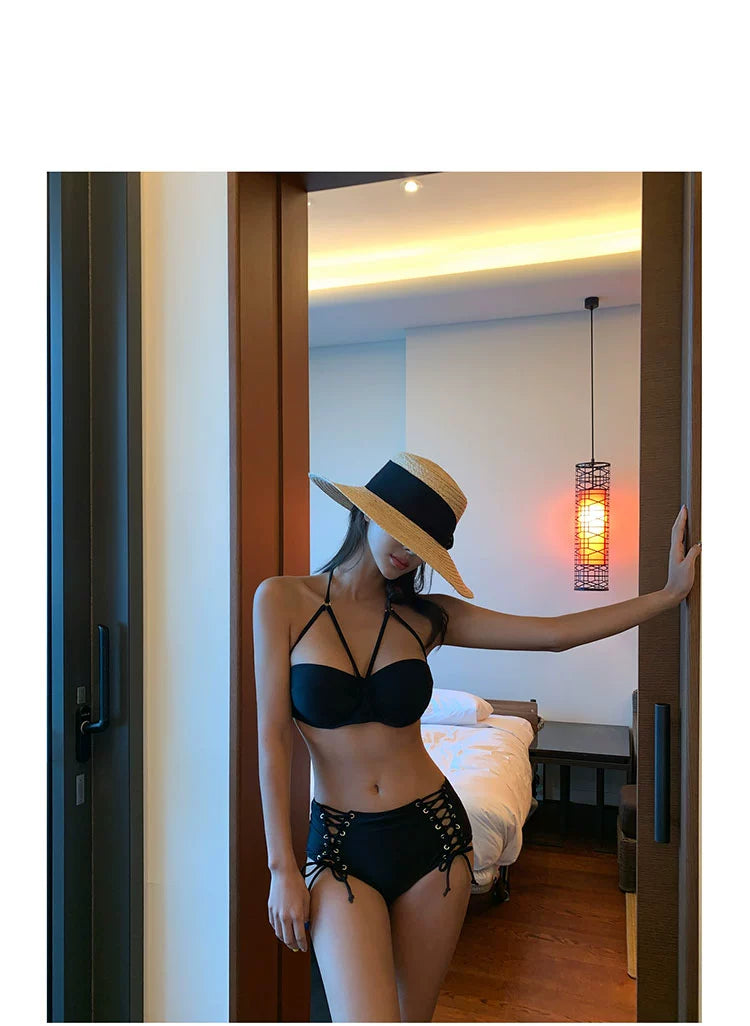 Swimsuit Women's Separates Bikini Steel Bracket Gathered Chest Cover Your Belly with High Waist Ins Lace-up Sexy Beach Hot Spring Swimsuit