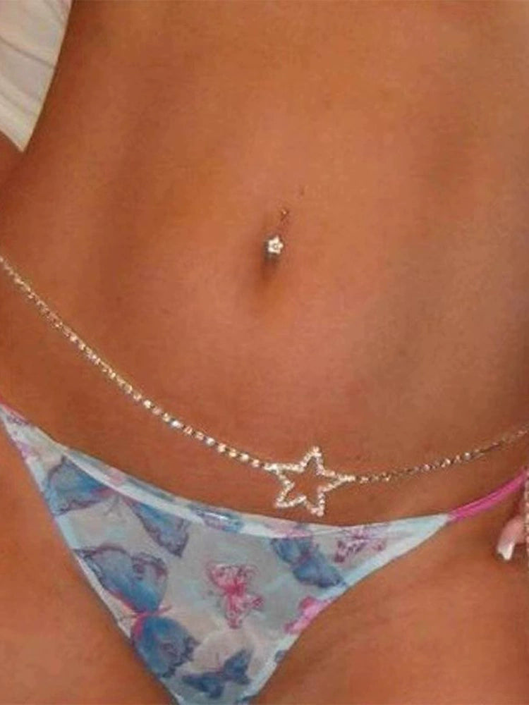 Online Red Hot Girl Five-Pointed Star Rhinestone Chain Belt Accessories Body Beach Belly Dance Sexy Chain XINGX Flash Diamond Waist Decorations