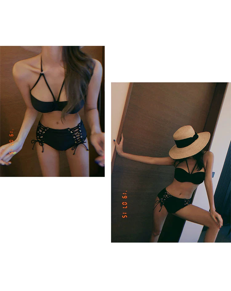 Swimsuit Women's Separates Bikini Steel Bracket Gathered Chest Cover Your Belly with High Waist Ins Lace-up Sexy Beach Hot Spring Swimsuit