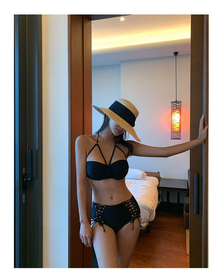 Swimsuit Women's Separates Bikini Steel Bracket Gathered Chest Cover Your Belly with High Waist Ins Lace-up Sexy Beach Hot Spring Swimsuit