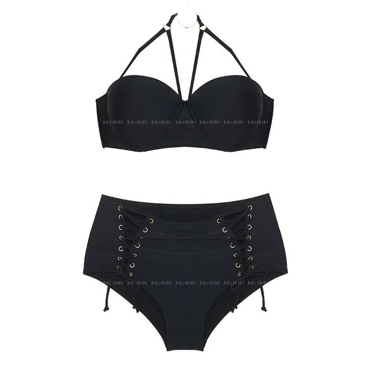 Swimsuit Women's Separates Bikini Steel Bracket Gathered Chest Cover Your Belly with High Waist Ins Lace-up Sexy Beach Hot Spring Swimsuit