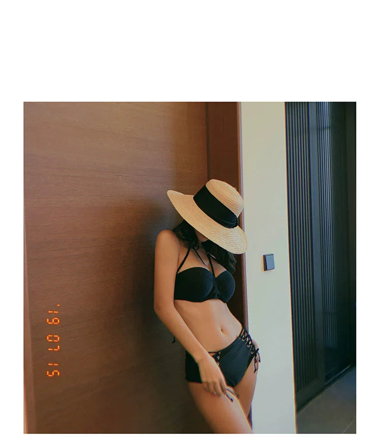 Swimsuit Women's Separates Bikini Steel Bracket Gathered Chest Cover Your Belly with High Waist Ins Lace-up Sexy Beach Hot Spring Swimsuit