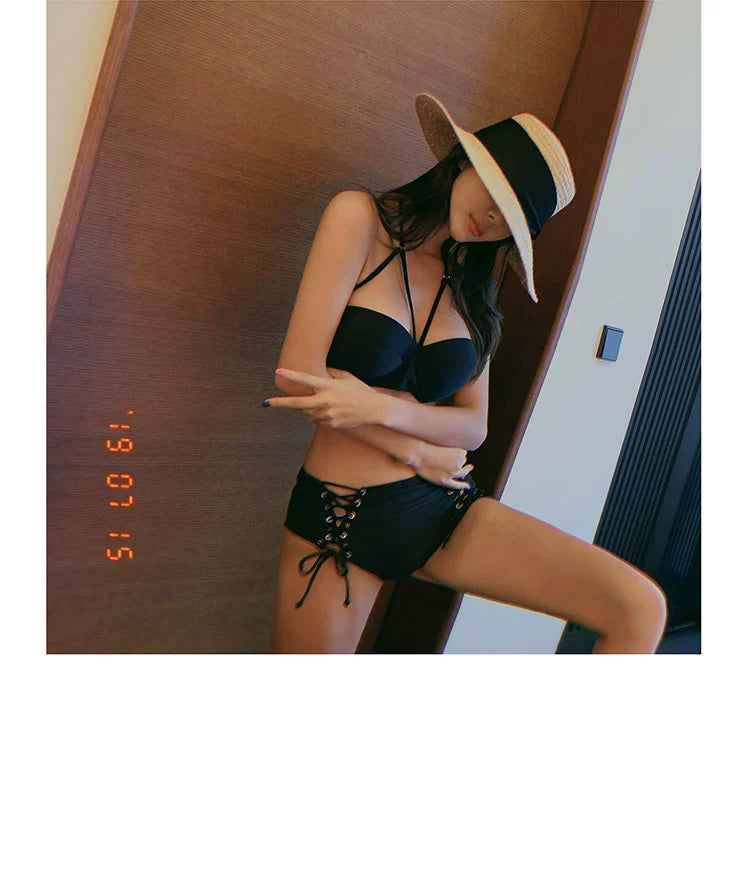 Swimsuit Women's Separates Bikini Steel Bracket Gathered Chest Cover Your Belly with High Waist Ins Lace-up Sexy Beach Hot Spring Swimsuit