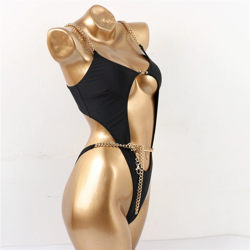 New Fashion New Arrival Bikini with Chest Pad Push up Pure Color Chain Waist Women's Beach Sexy One-Piece Bikini