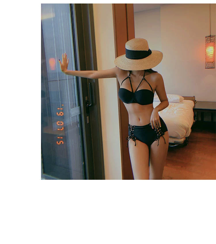 Swimsuit Women's Separates Bikini Steel Bracket Gathered Chest Cover Your Belly with High Waist Ins Lace-up Sexy Beach Hot Spring Swimsuit