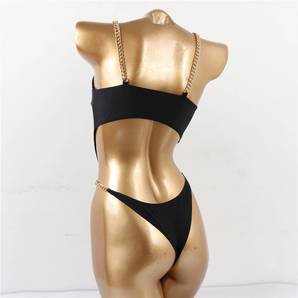 New Fashion New Arrival Bikini with Chest Pad Push up Pure Color Chain Waist Women's Beach Sexy One-Piece Bikini
