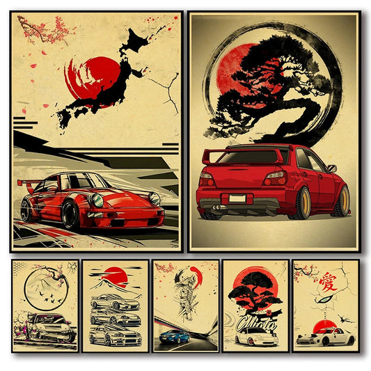 Japanese Cars Samurai Poster Painting Japan Racing Home Club Decor Wall Picture Vintage Aesthetic Jdm Car Gtr Anime Moon Printis