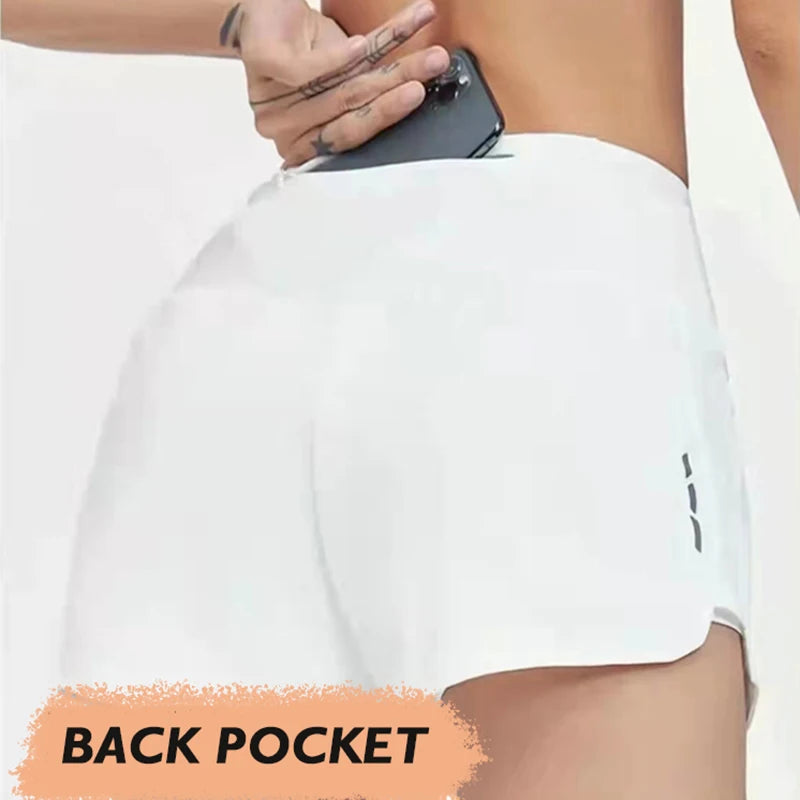 Women's Yoga Shorts 5 Pockets Invisible Phone Bag Running Shorts Fake Two Pieces High Waist Female Gym Fitness Short Pants