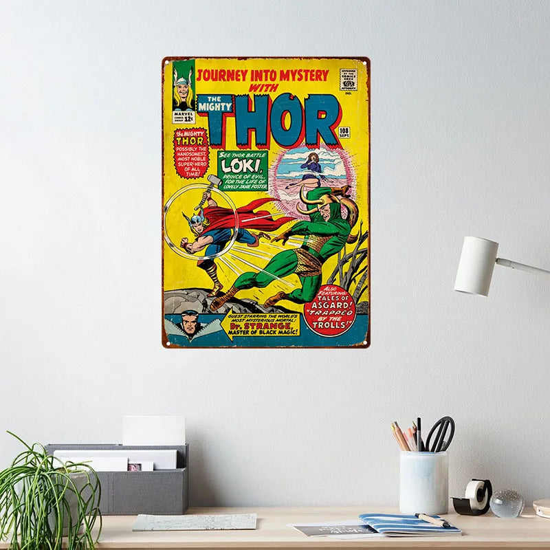 Avengers League Superhero Spider Man US Captain Thor Retro Metal Poster Tin Plaque Metal Sign for Kids Room Club Metal Decor