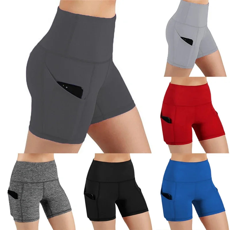 Women gym shorts High Waist Lifting Push Up Tight Yoga Cycling biker shorts Phone Pocket Jogging Running Fitness Short Pant lady