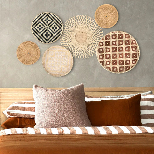 Set of 6 Rattan Wicker Wall Basket Hanging Wall Decor Boho Home Wall Decoration Straw Woven Plate Rustic Farmhouse Bedroom Decor