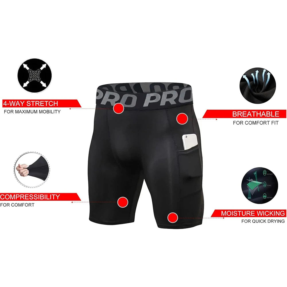 Mens Compression Shorts with Pocket Gym Workout Polyester Boxer Briefs Quick Drying Running Basketball Athletic Tights Short