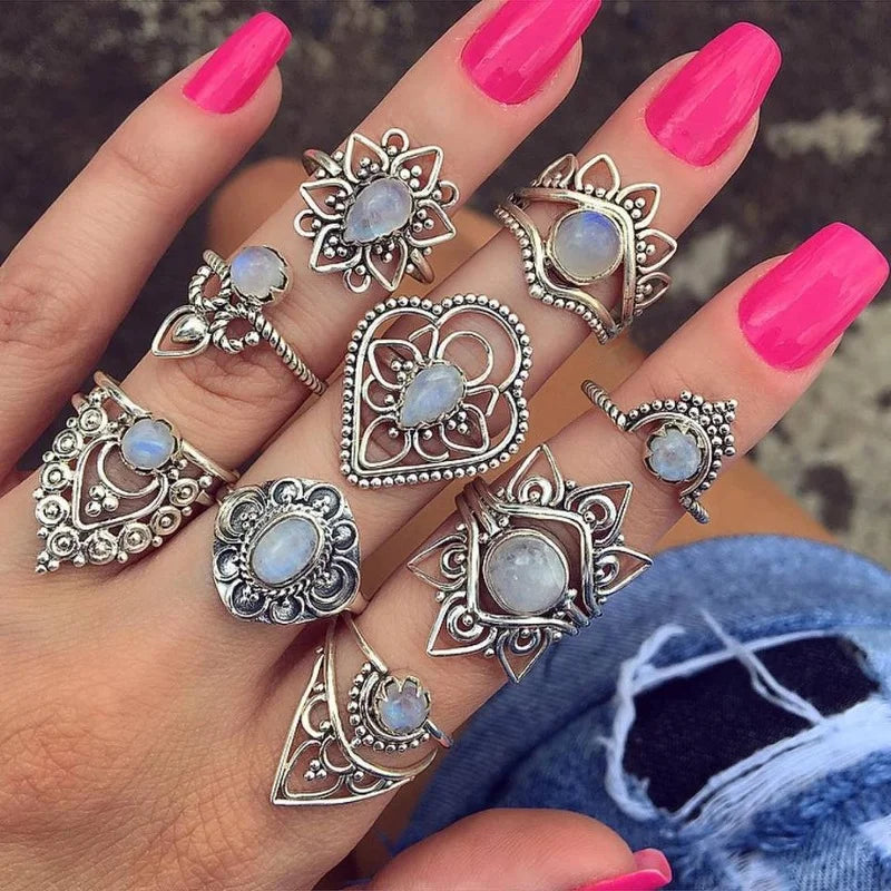 Trendy Flower Crystal Geometric Set Rings for Women Fashion Cutout Moon Snake Vintage Turquoise Charm Ring Jewelry Accessories