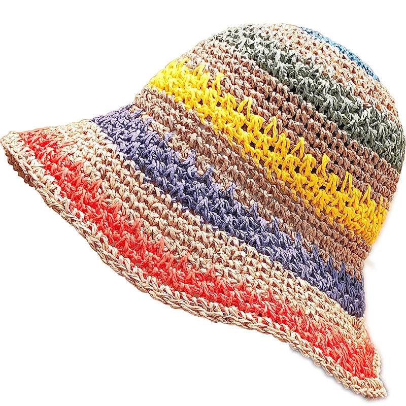 Rainbow Straw Hat For Women Summer Sun Visor Handmade Crochet Big Brim Bucket Hats Ladies Beach Sun Hat Boho Girl's Fashion Caps