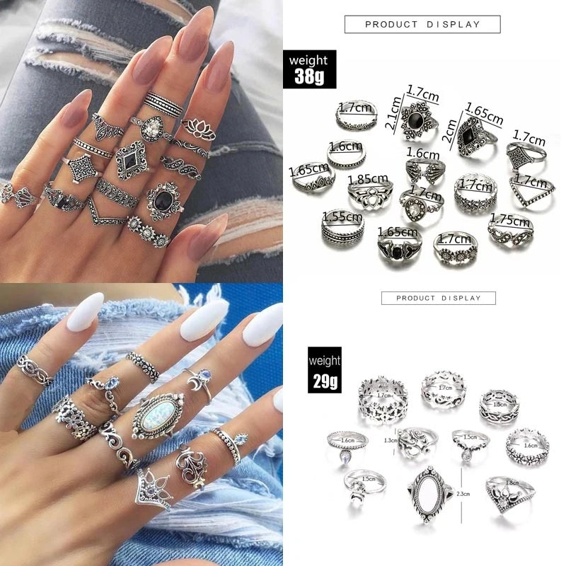 Trendy Flower Crystal Geometric Set Rings for Women Fashion Cutout Moon Snake Vintage Turquoise Charm Ring Jewelry Accessories