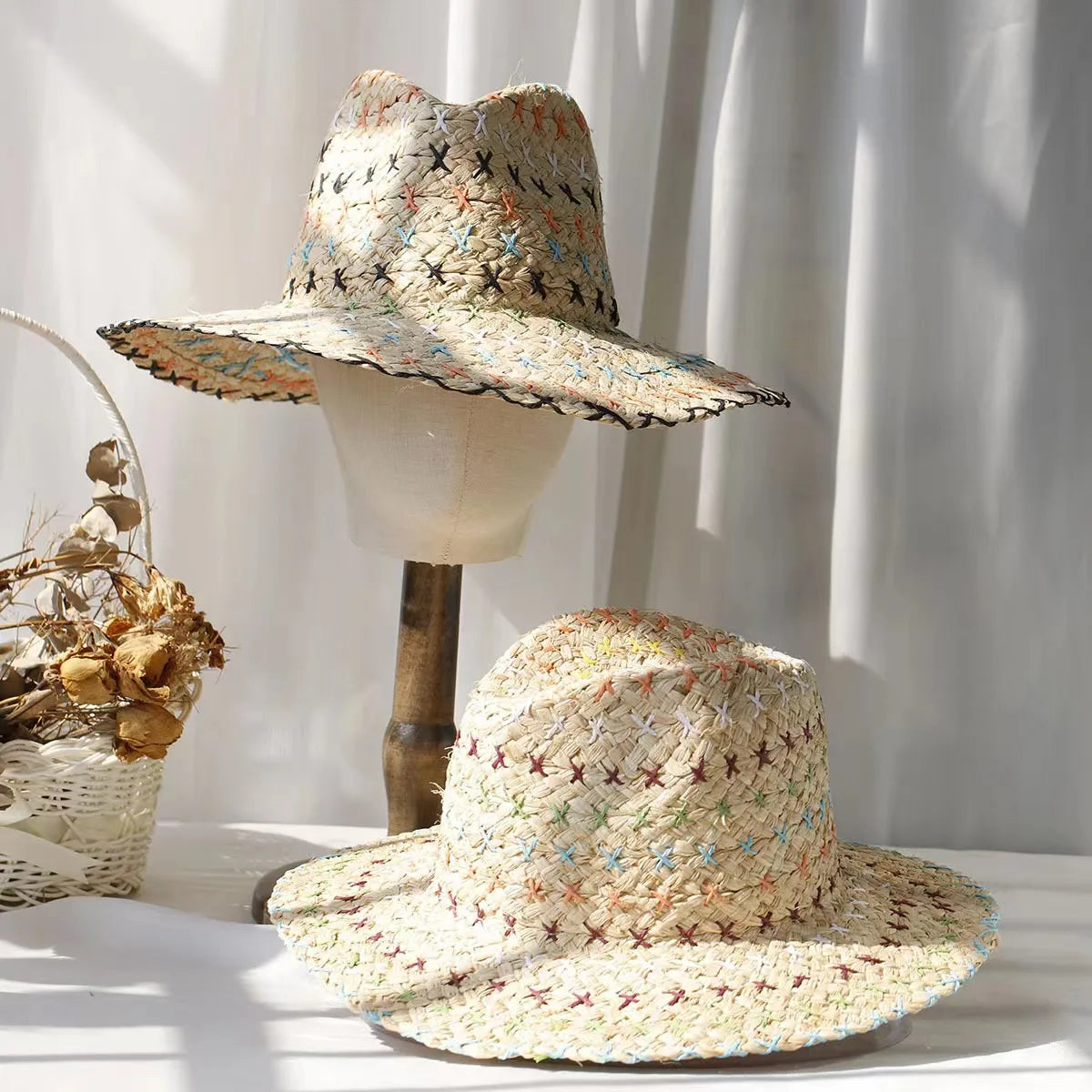 Raffia straw hat for women Bohemian colorful stitched straw hat ladies vacation sun hat beach summer vacation jazz hat panama