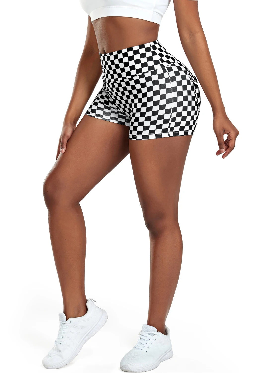 Printed Shorts With Pocket Women High Waist Skinny Yoga Shorts Fashion Checkered Scrunch Butt Leggins Gym Workout Clothes Female