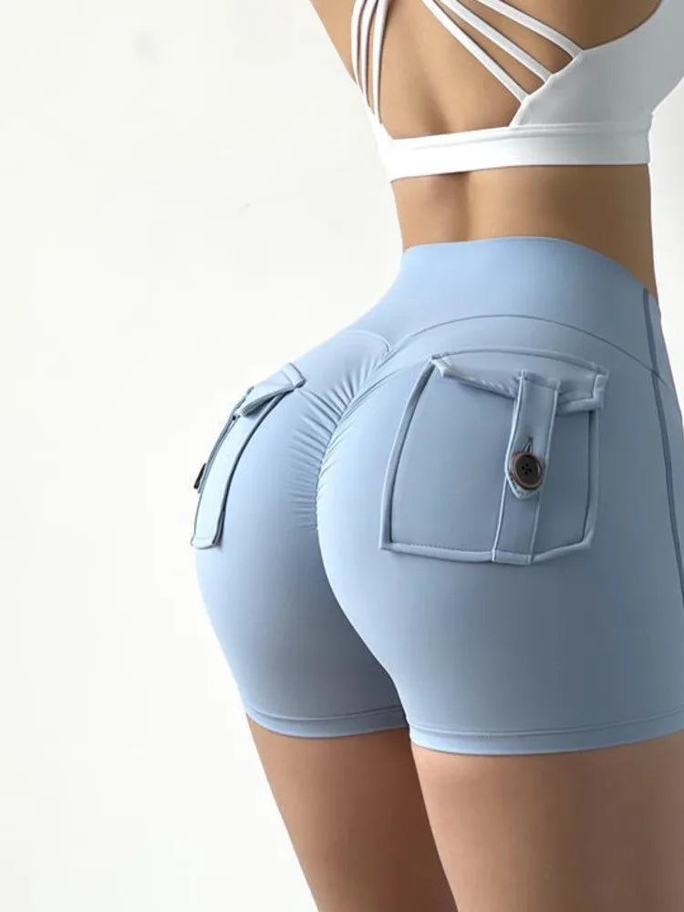 Shorts Women Sport With Pocket Buttocks Fitness Workout High Waist Tights Leggings Push Up Cycling Shorts Scrunch Gym Clothing