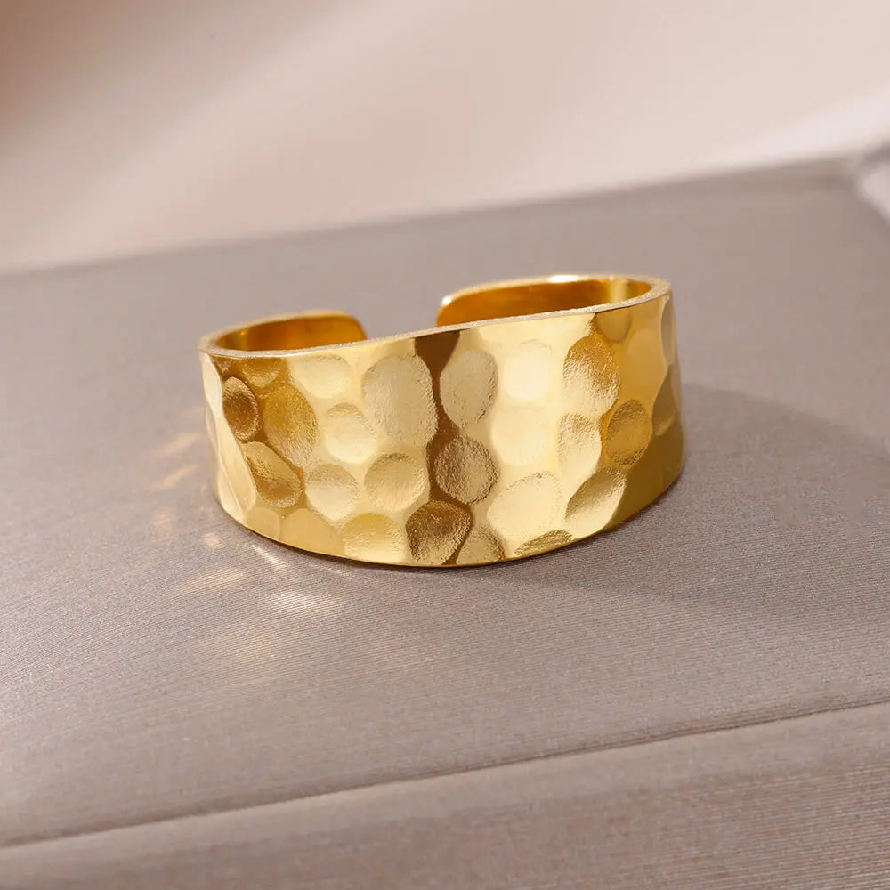 Stainless Steel Rings for Women Gold Color Couple Jewelry Aesthetic Accessorie Adjustable Punk Embossed Hollow Wide Ring