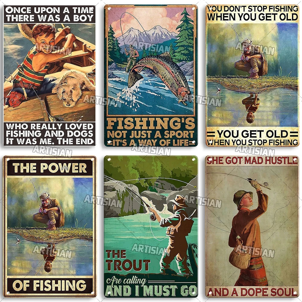 Artisian Fishing Metal Poster Sport Tin Sign Lure Bait Decorative Plaque Wall Decor Garage Bar Pub Club Hotel Cafe Kitchen Home