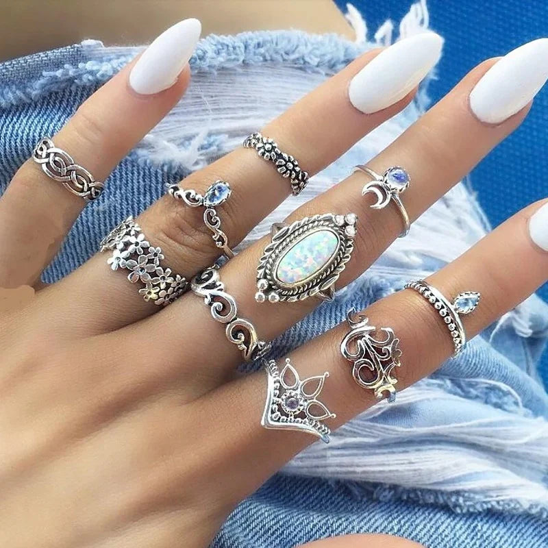 Trendy Flower Crystal Geometric Set Rings for Women Fashion Cutout Moon Snake Vintage Turquoise Charm Ring Jewelry Accessories