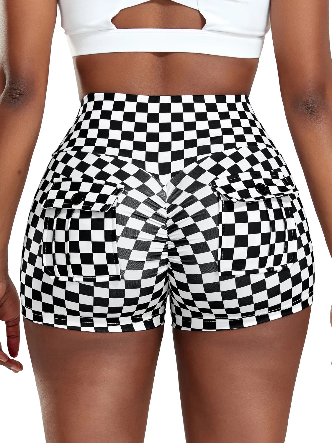 Printed Shorts With Pocket Women High Waist Skinny Yoga Shorts Fashion Checkered Scrunch Butt Leggins Gym Workout Clothes Female