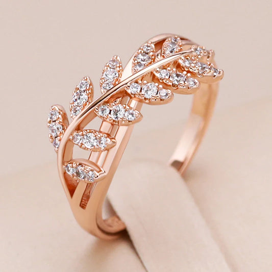 Kinel Hot Shiny Natural Zircon Leaf Ring for Women Trendy 585 Rose Gold Color Vintage Wedding Jewelry Daily Party Accessories