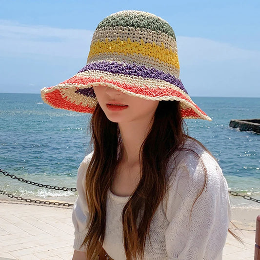 Rainbow Straw Hat For Women Summer Sun Visor Handmade Crochet Big Brim Bucket Hats Ladies Beach Sun Hat Boho Girl's Fashion Caps