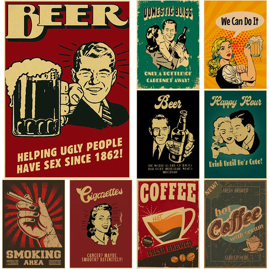 Beer Vintage Poster Cigarette Coffee Retro Kraft Paper Prints Picture DIY Aesthetic Room Home Bar Cafe Art Wall Decor Painting