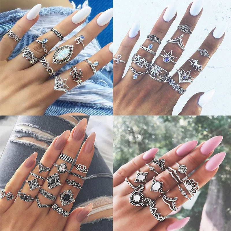 Trendy Flower Crystal Geometric Set Rings for Women Fashion Cutout Moon Snake Vintage Turquoise Charm Ring Jewelry Accessories